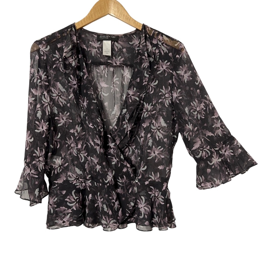 Jones New York Silk Crinkle Top Size 12 Sheer Ruffle Corporate Office Summer